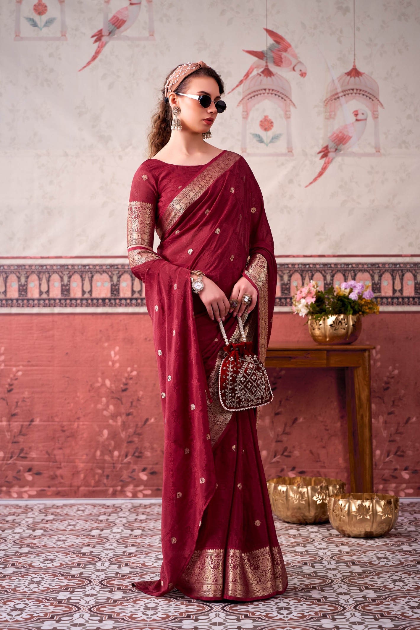 Maroon Floral Zari Chinon Saree — alternate view