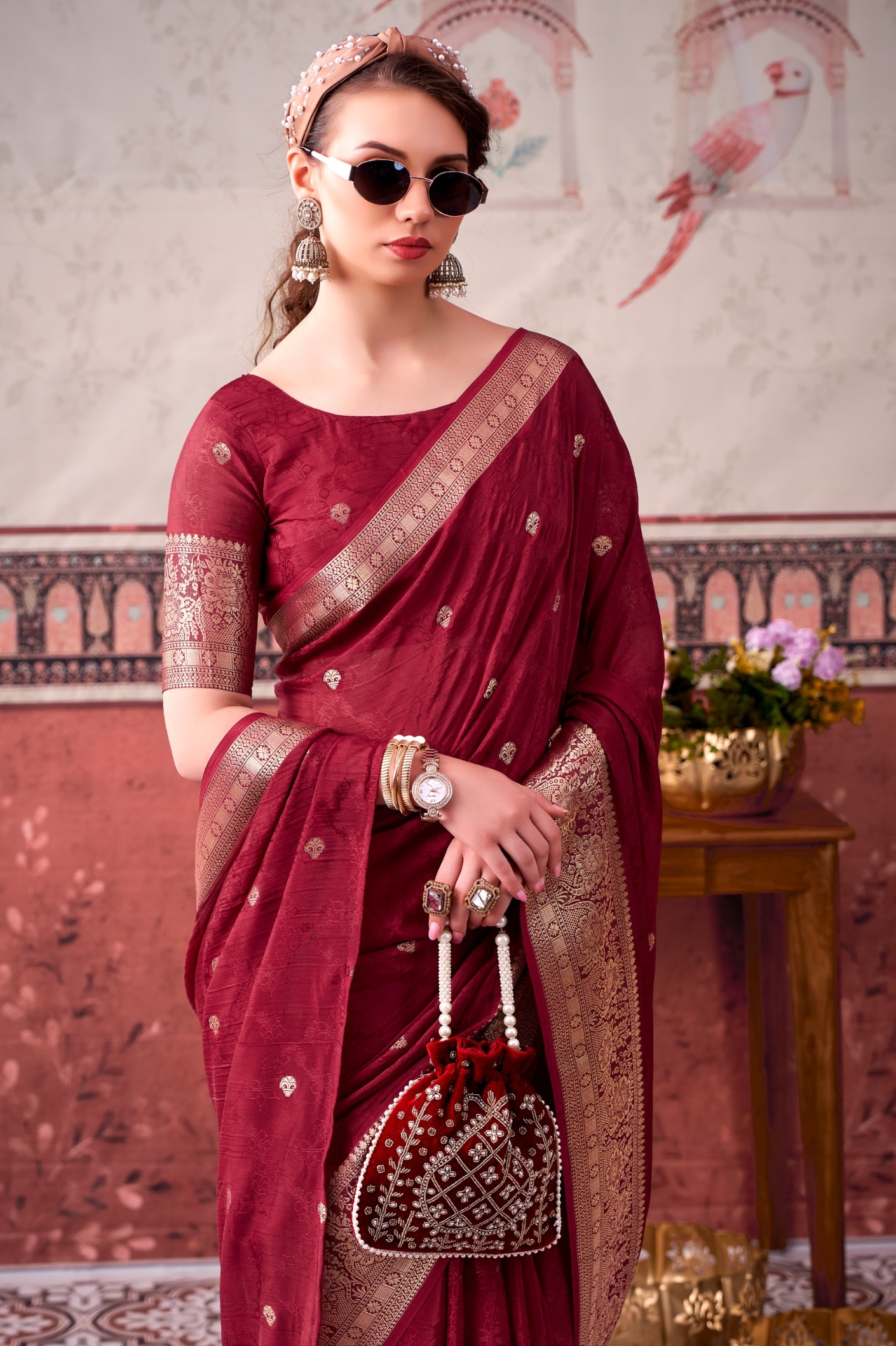 Maroon Floral Zari Chinon Saree