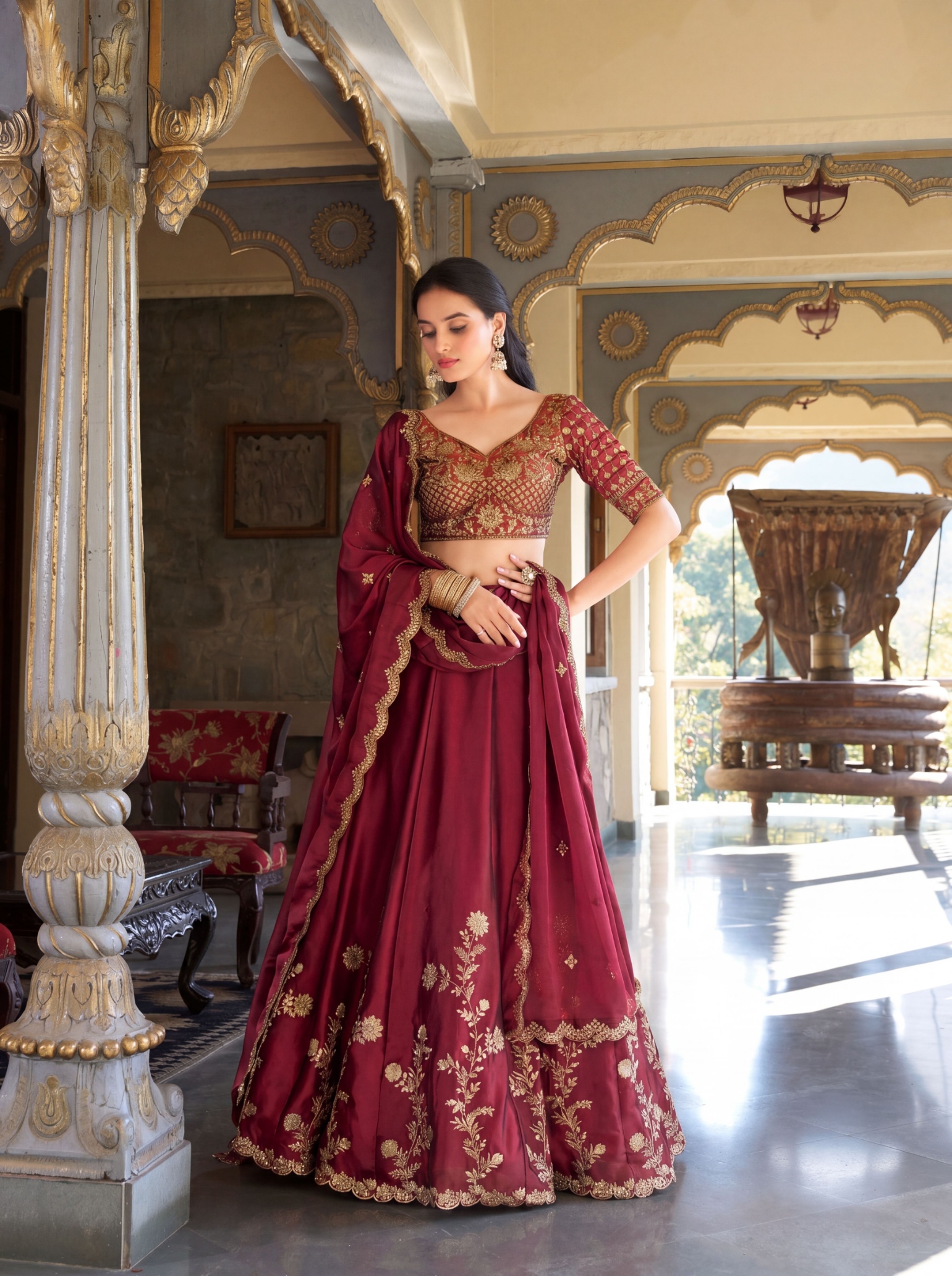 Maroon Floral Zari Work Rangoli Silk Lehenga Choli