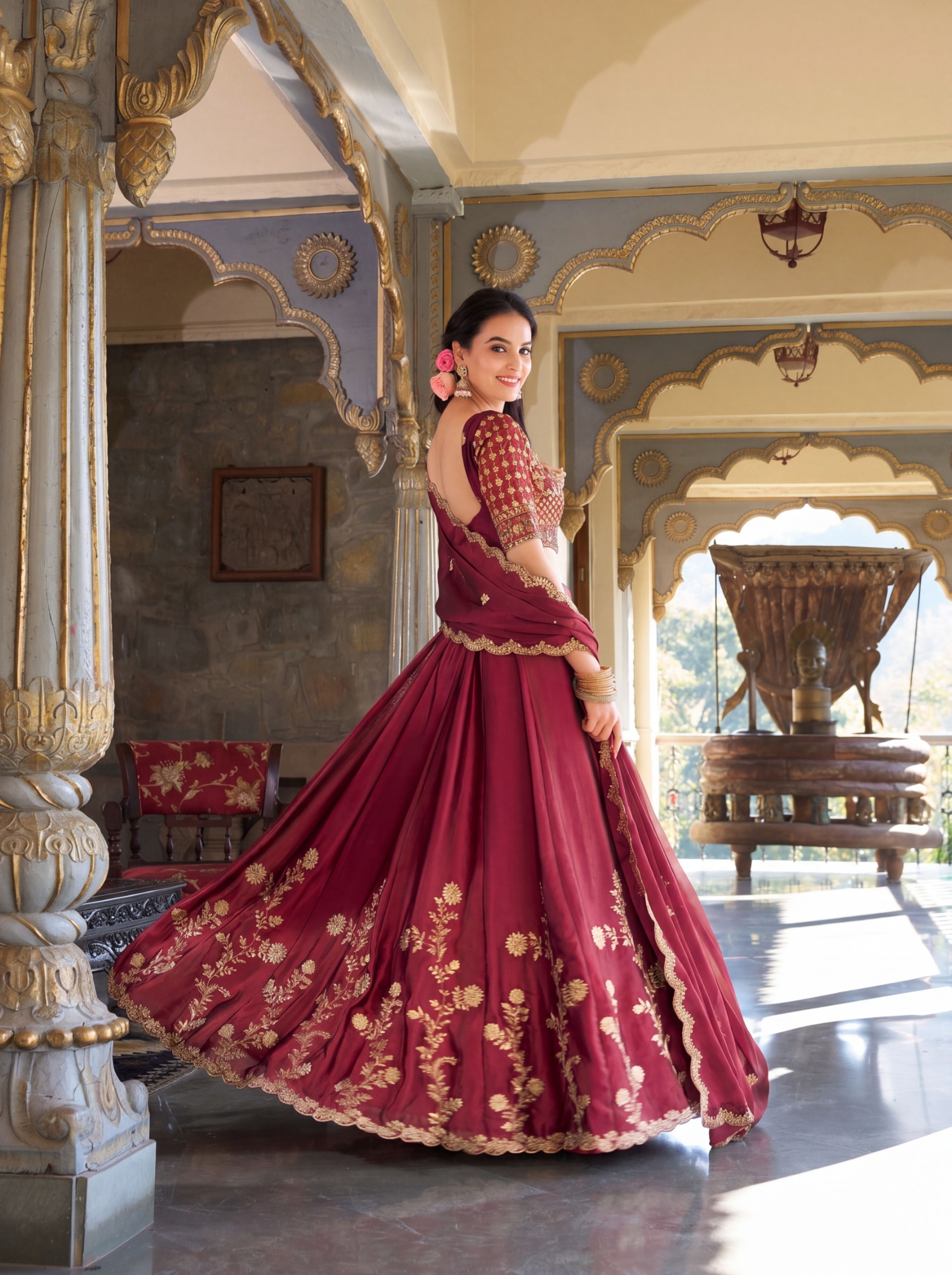 Maroon Floral Zari Work Rangoli Silk Lehenga Choli — alternate view