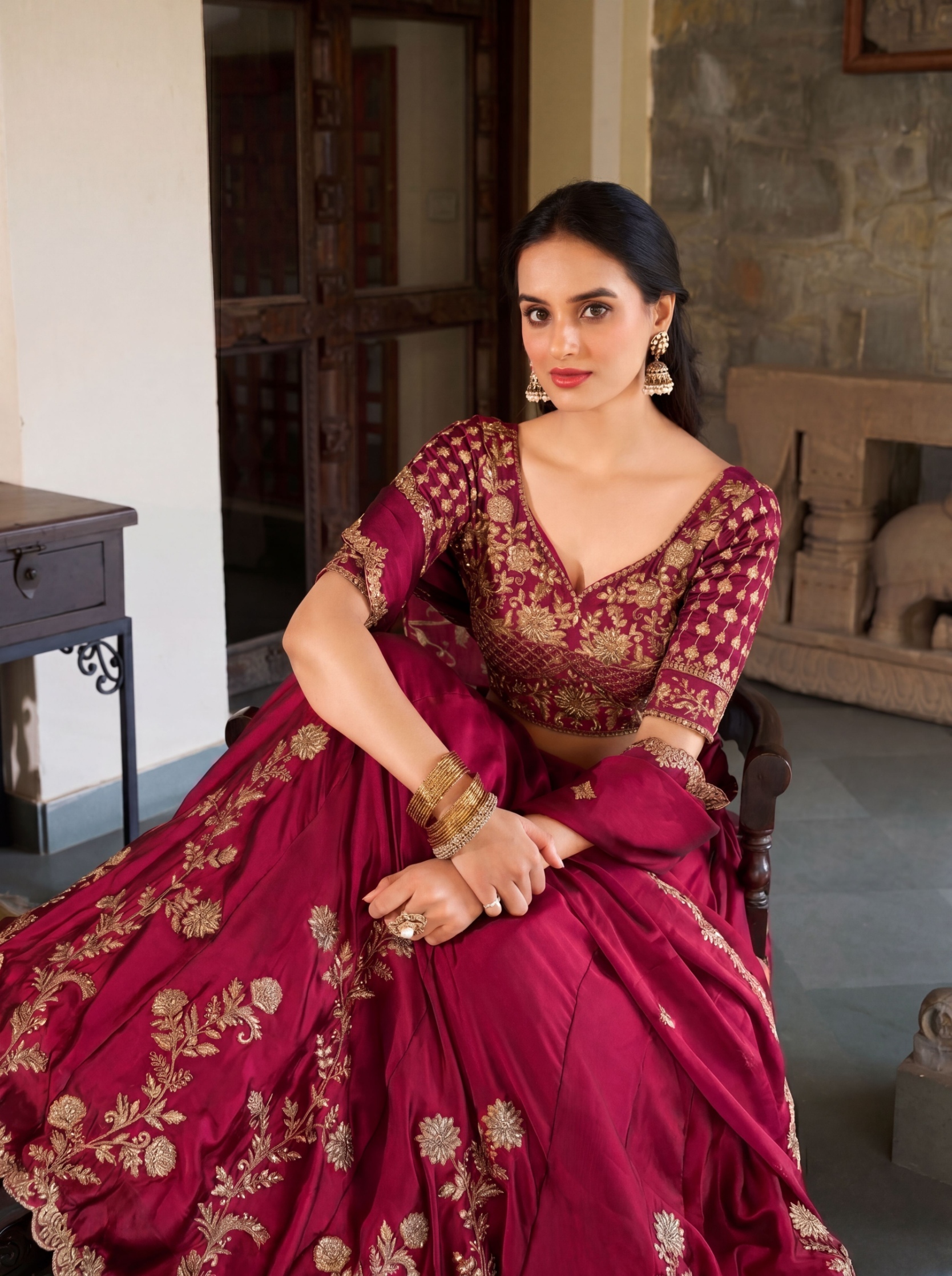 Maroon Floral Zari Work Rangoli Silk Lehenga Choli