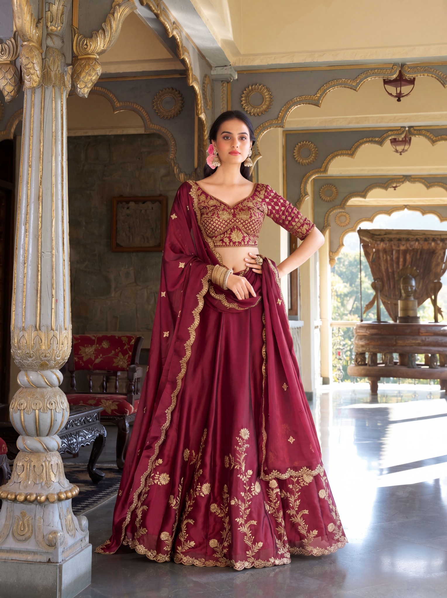 Maroon Floral Zari Work Rangoli Silk Lehenga Choli