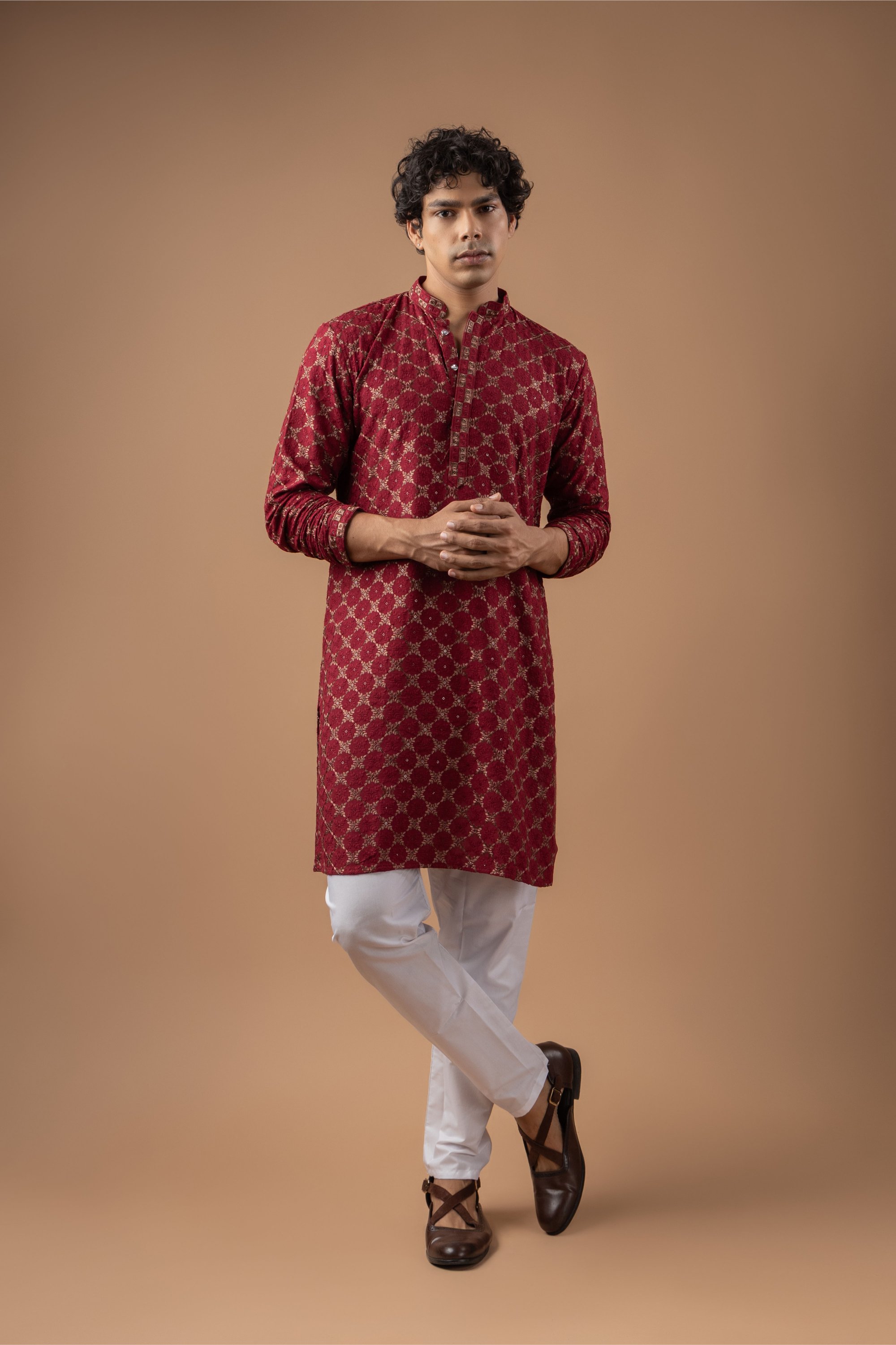 Maroon Geometric Embroidery Rayon Kurta Pyjama