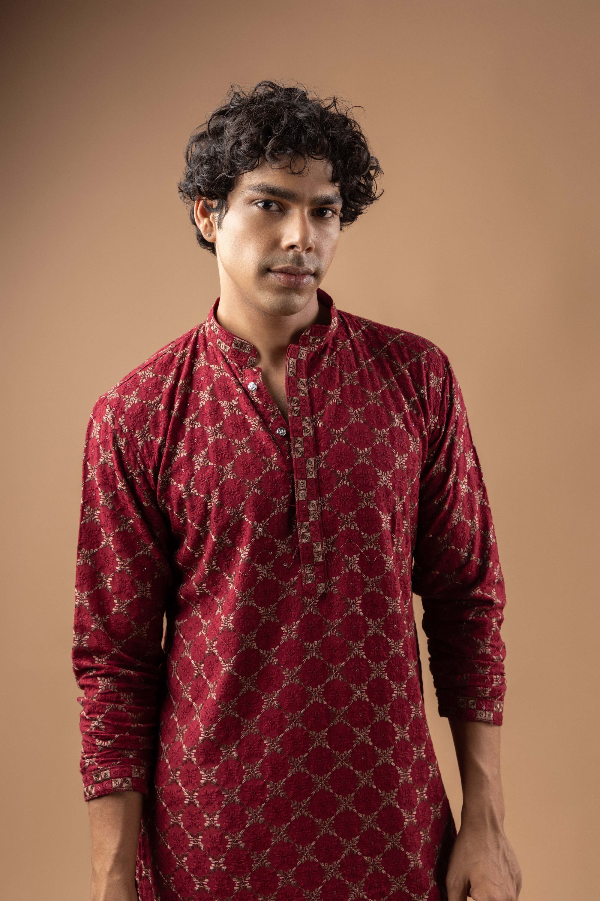 Maroon Geometric Embroidery Rayon Kurta Pyjama