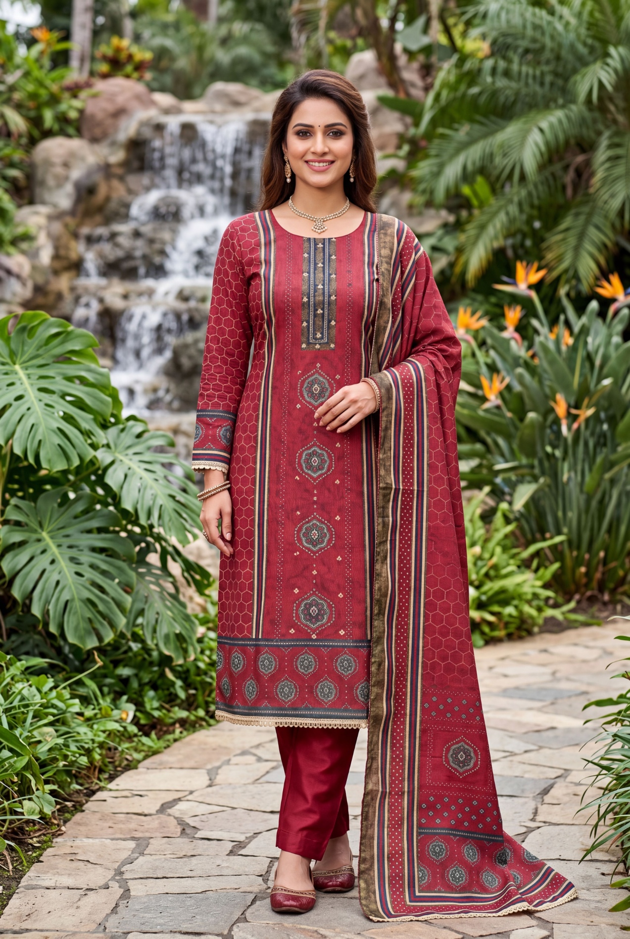 Maroon Geometric Handwork Cotton Silk Straight Suit