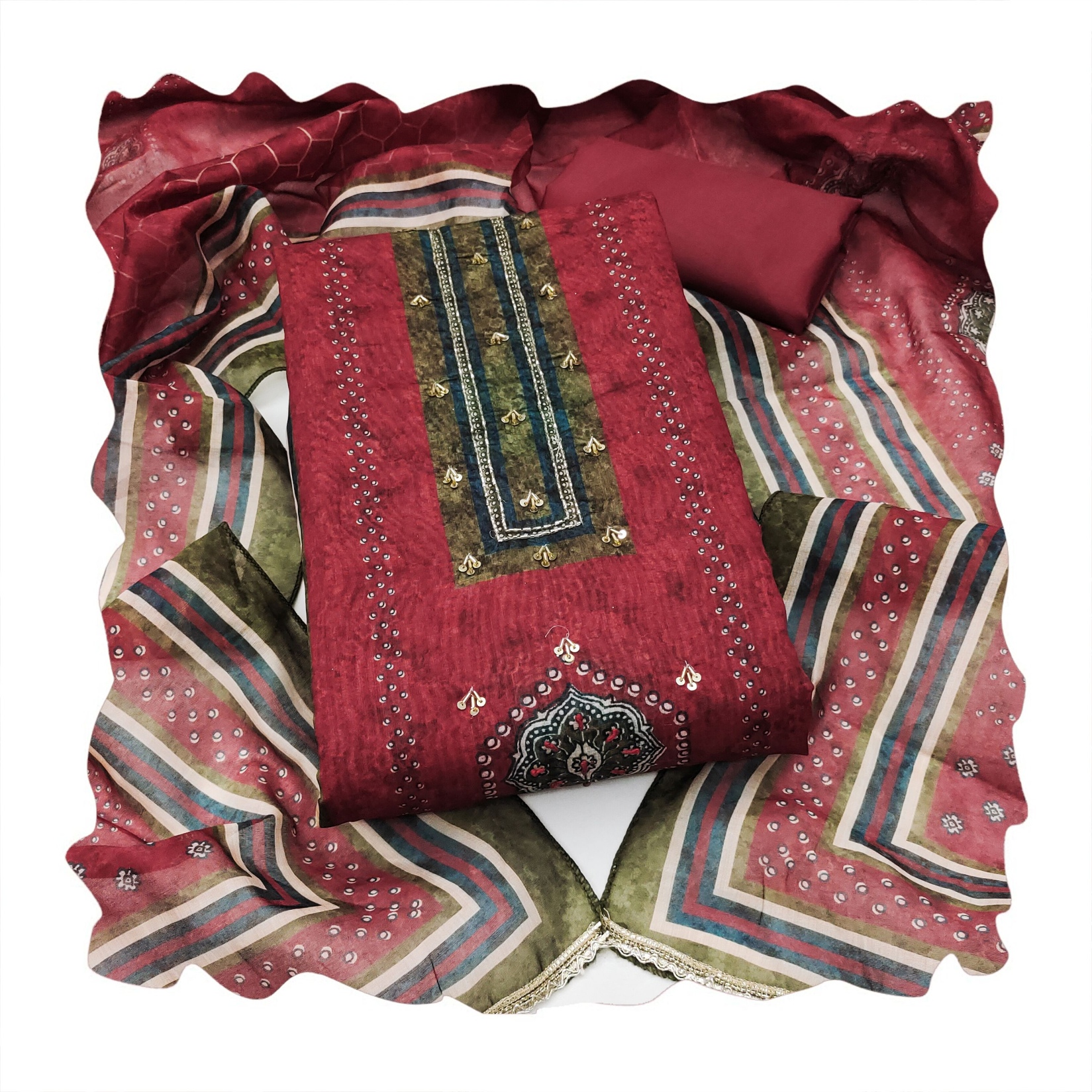 Maroon Geometric Handwork Cotton Silk Straight Suit — alternate view