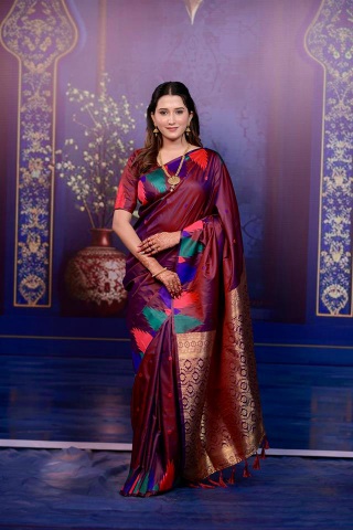 Maroon Geometric Jacquard Work Soft Silk Saree