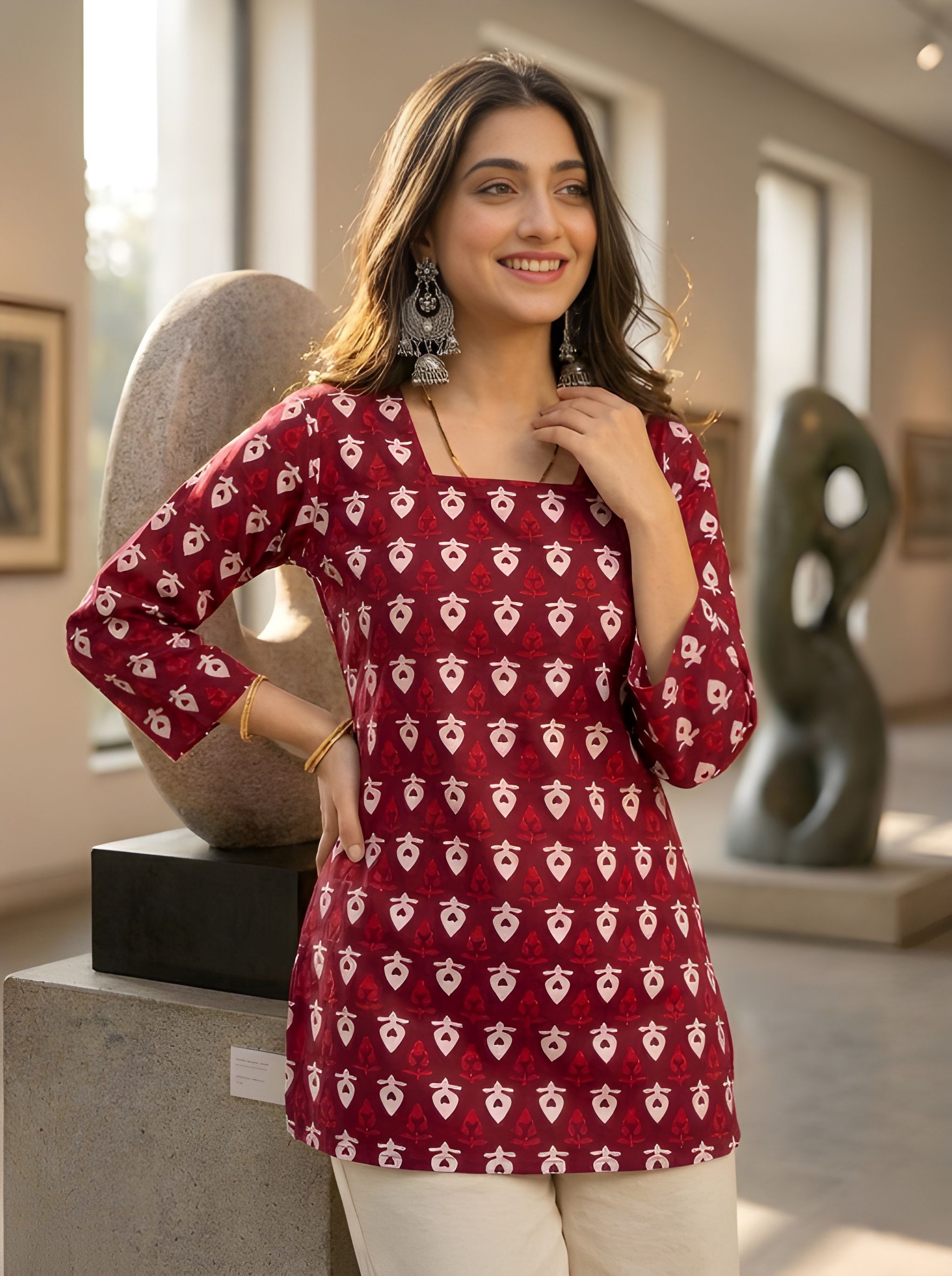 Maroon Geometric Printed Cotton Short Kurti