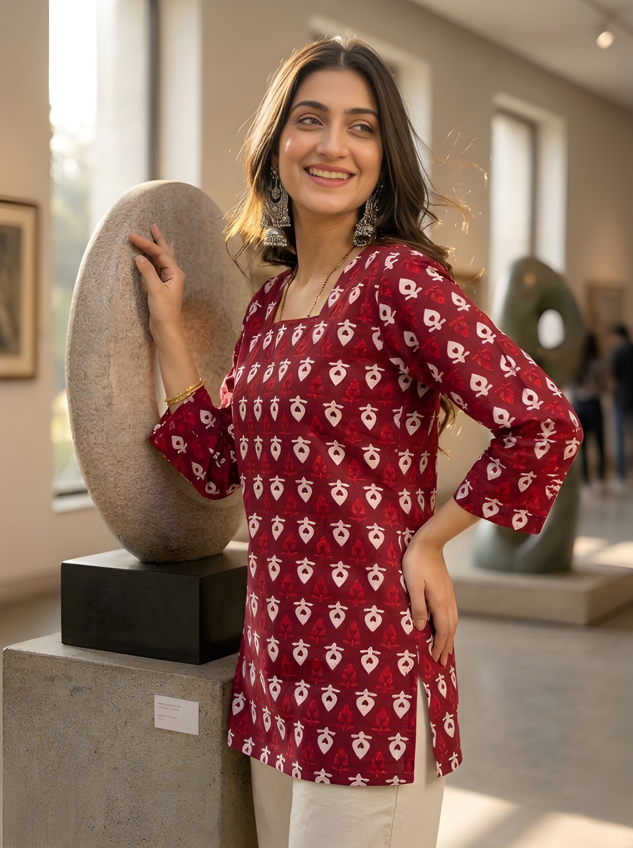 Maroon Geometric Printed Cotton Short Kurti