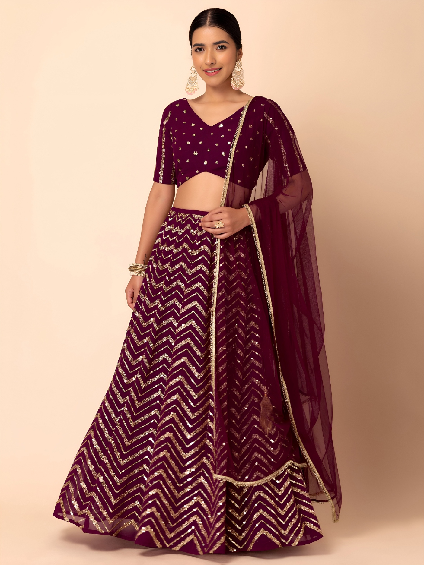 Maroon Geometric Sequins Zari Georgette Lehenga Choli