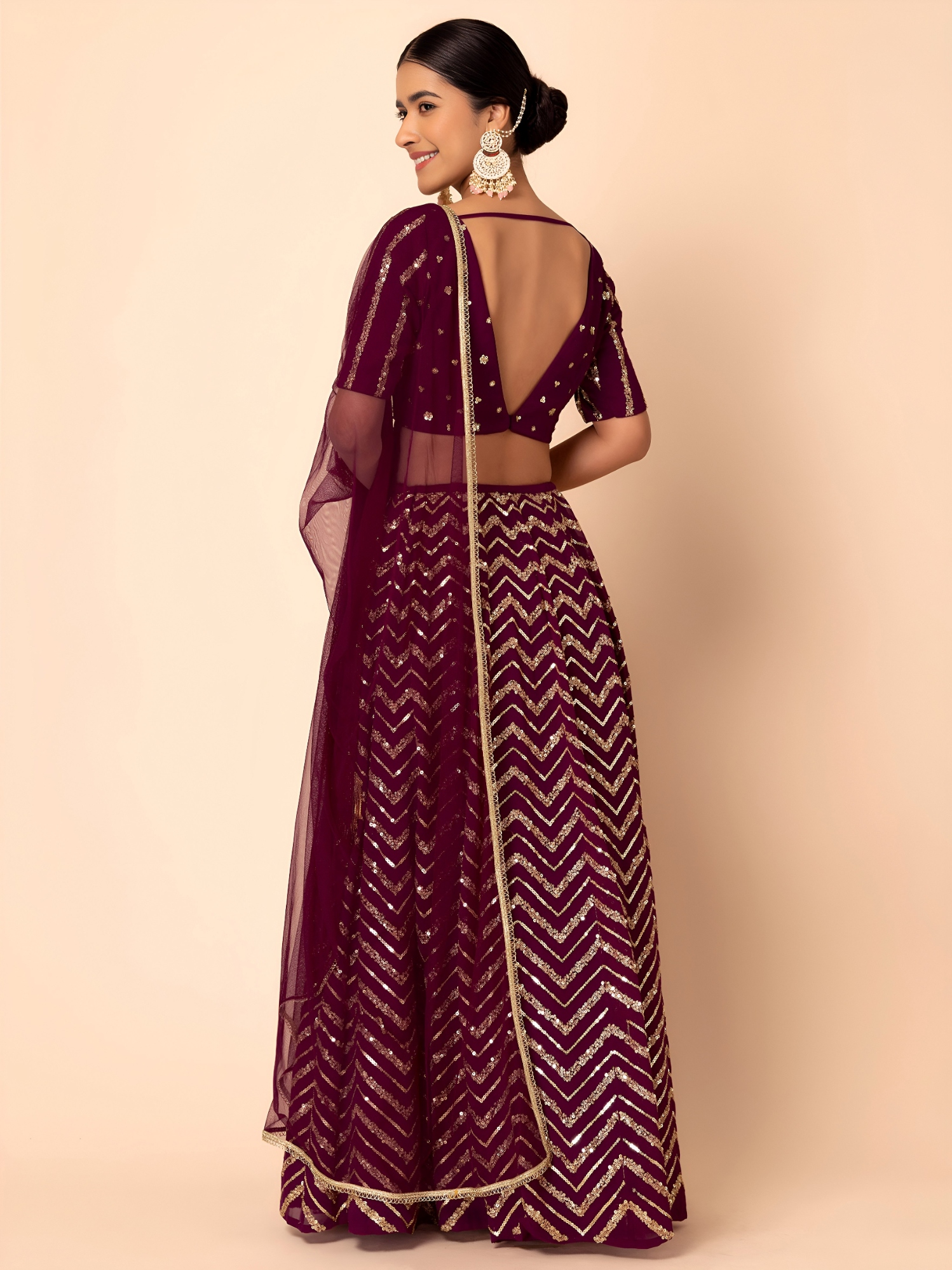 Maroon Geometric Sequins Zari Georgette Lehenga Choli — alternate view