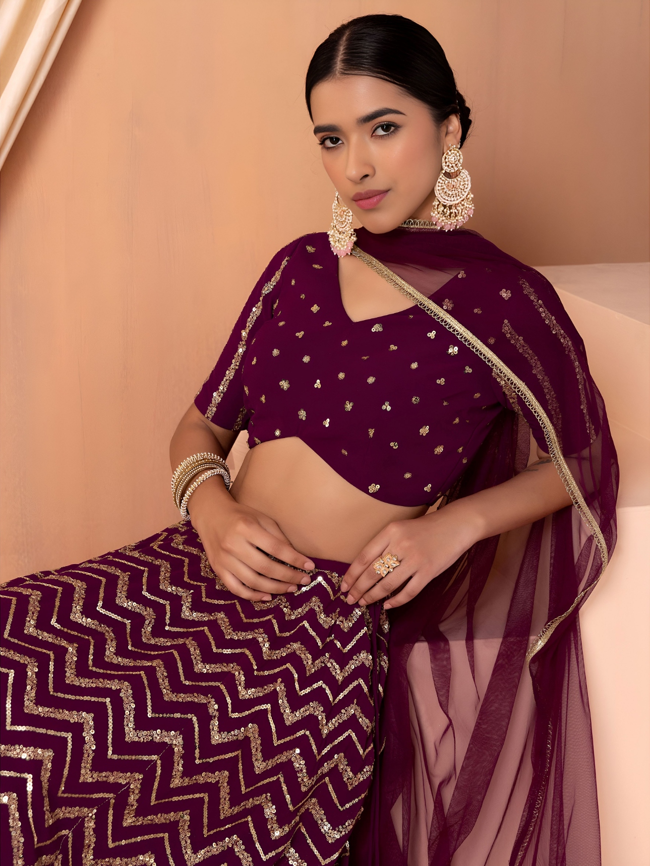 Maroon Geometric Sequins Zari Georgette Lehenga Choli