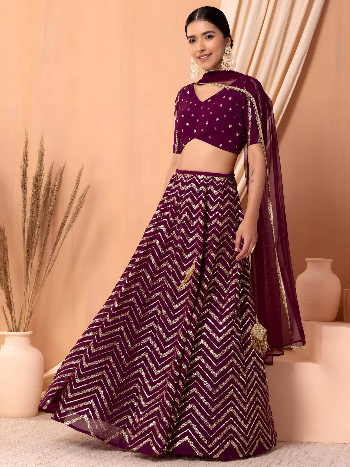 Maroon Geometric Sequins Zari Georgette Lehenga Choli