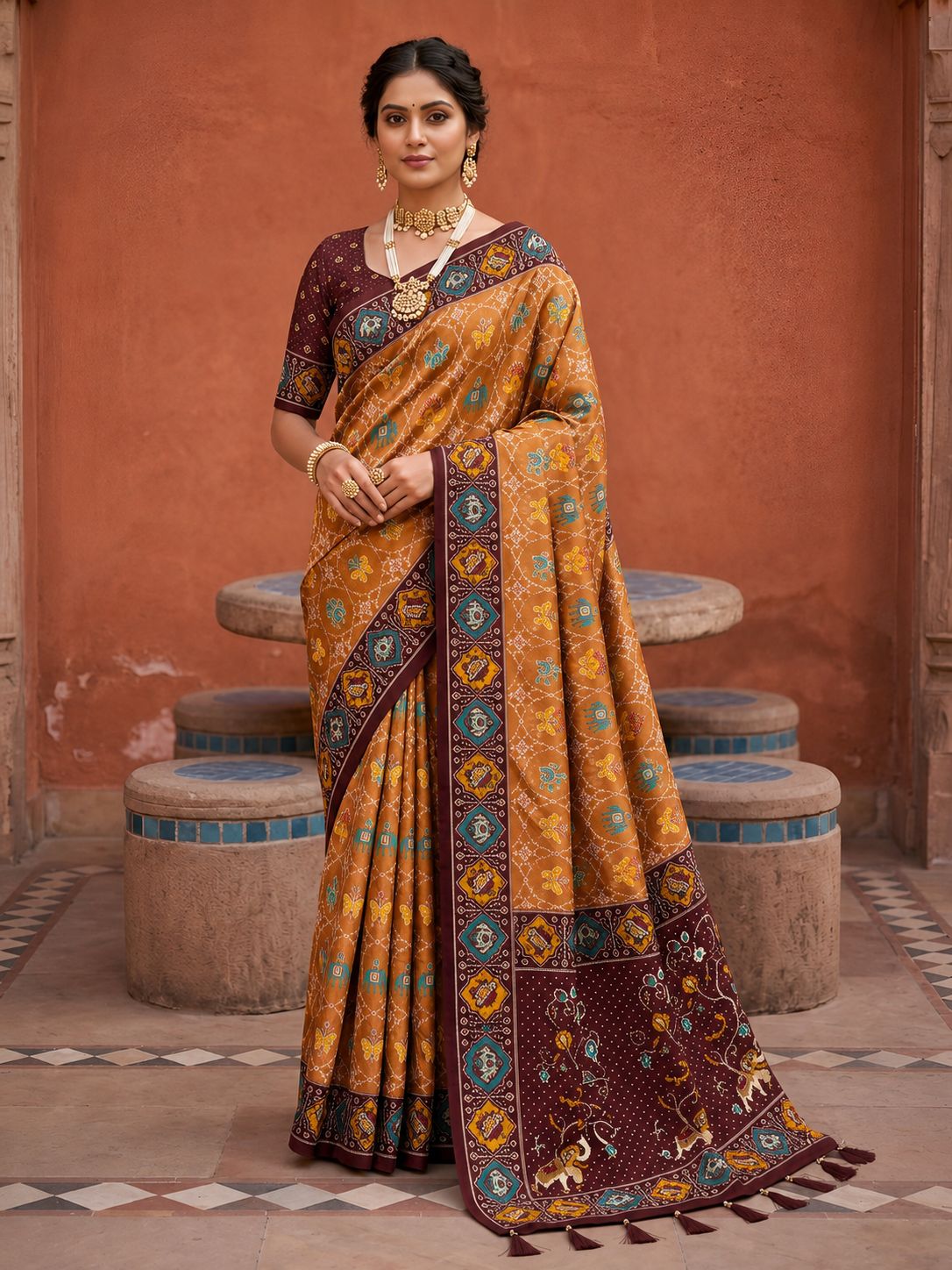 Maroon Geometric Woven Meenakari Jacquard Patola Silk Saree