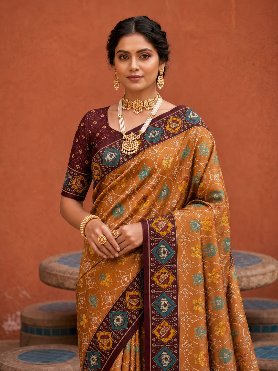 Maroon Geometric Woven Meenakari Jacquard Patola Silk Saree