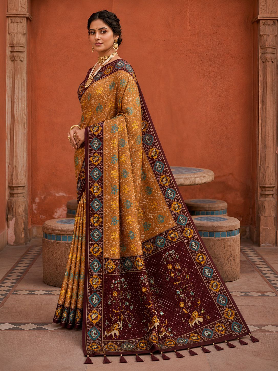 Maroon Geometric Woven Meenakari Jacquard Patola Silk Saree