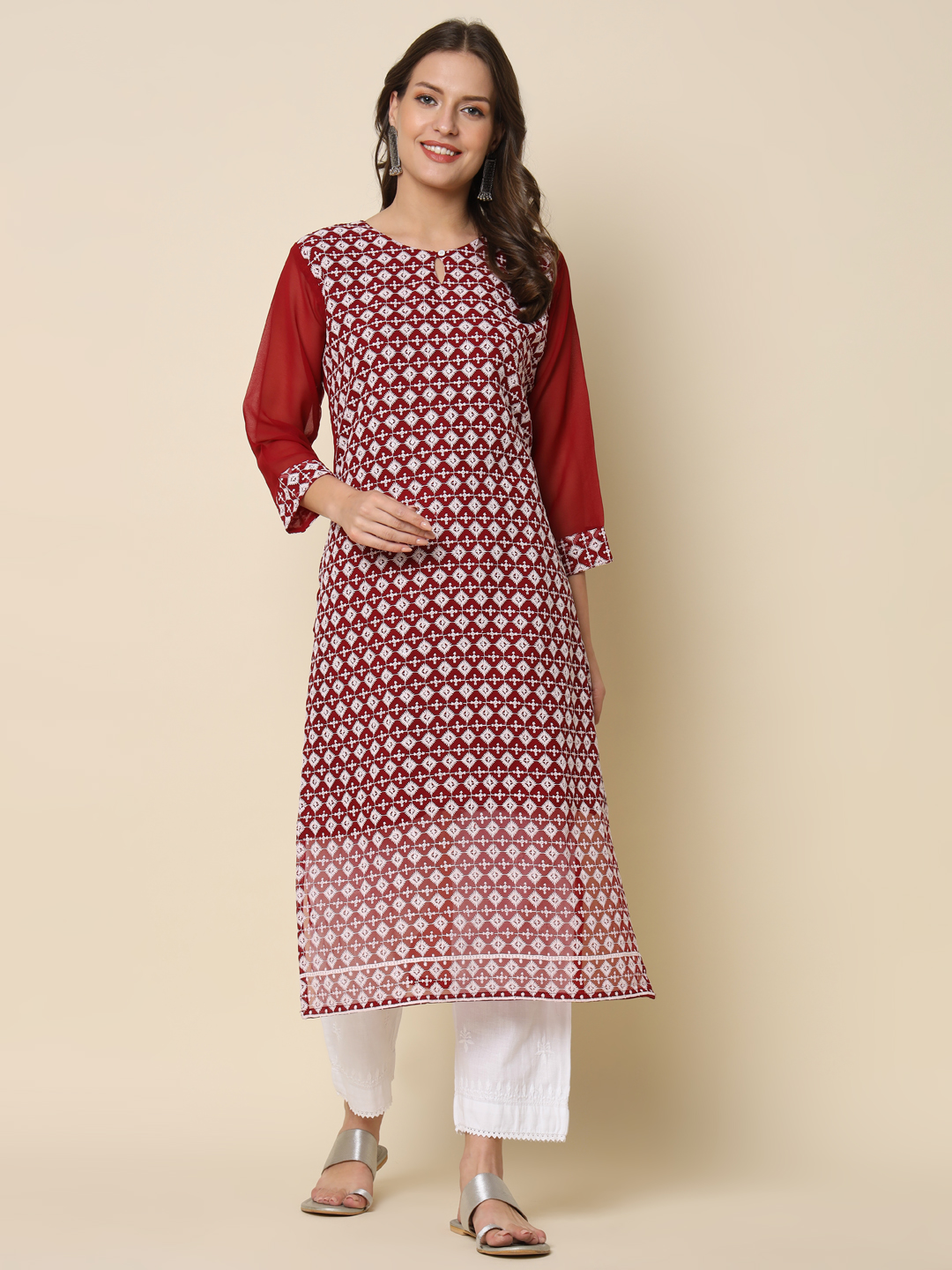 Maroon Georgette Chikankari Embroidered Kurti