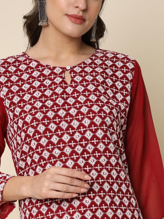 Maroon Georgette Chikankari Embroidered Kurti