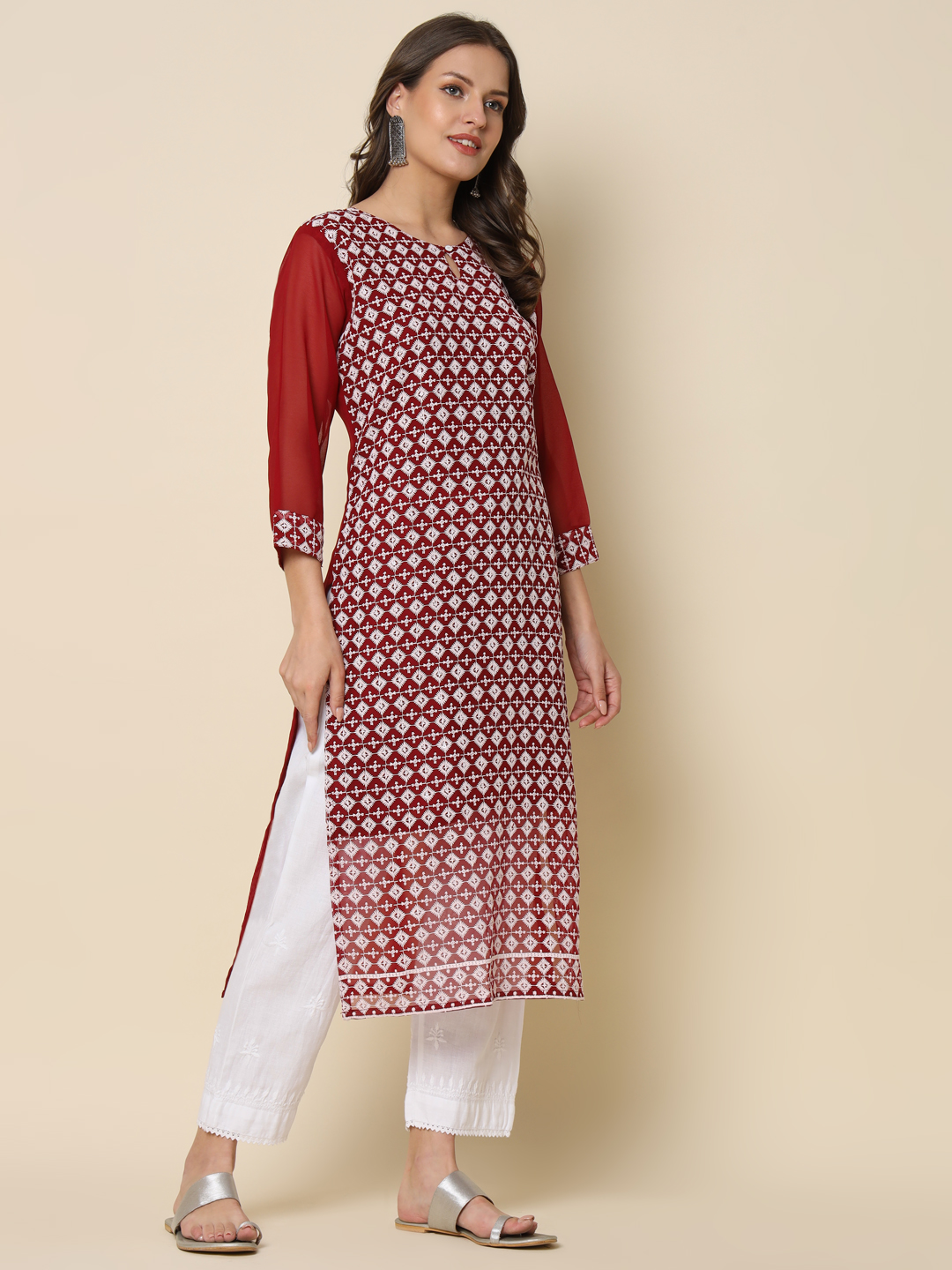 Maroon Georgette Chikankari Embroidered Kurti