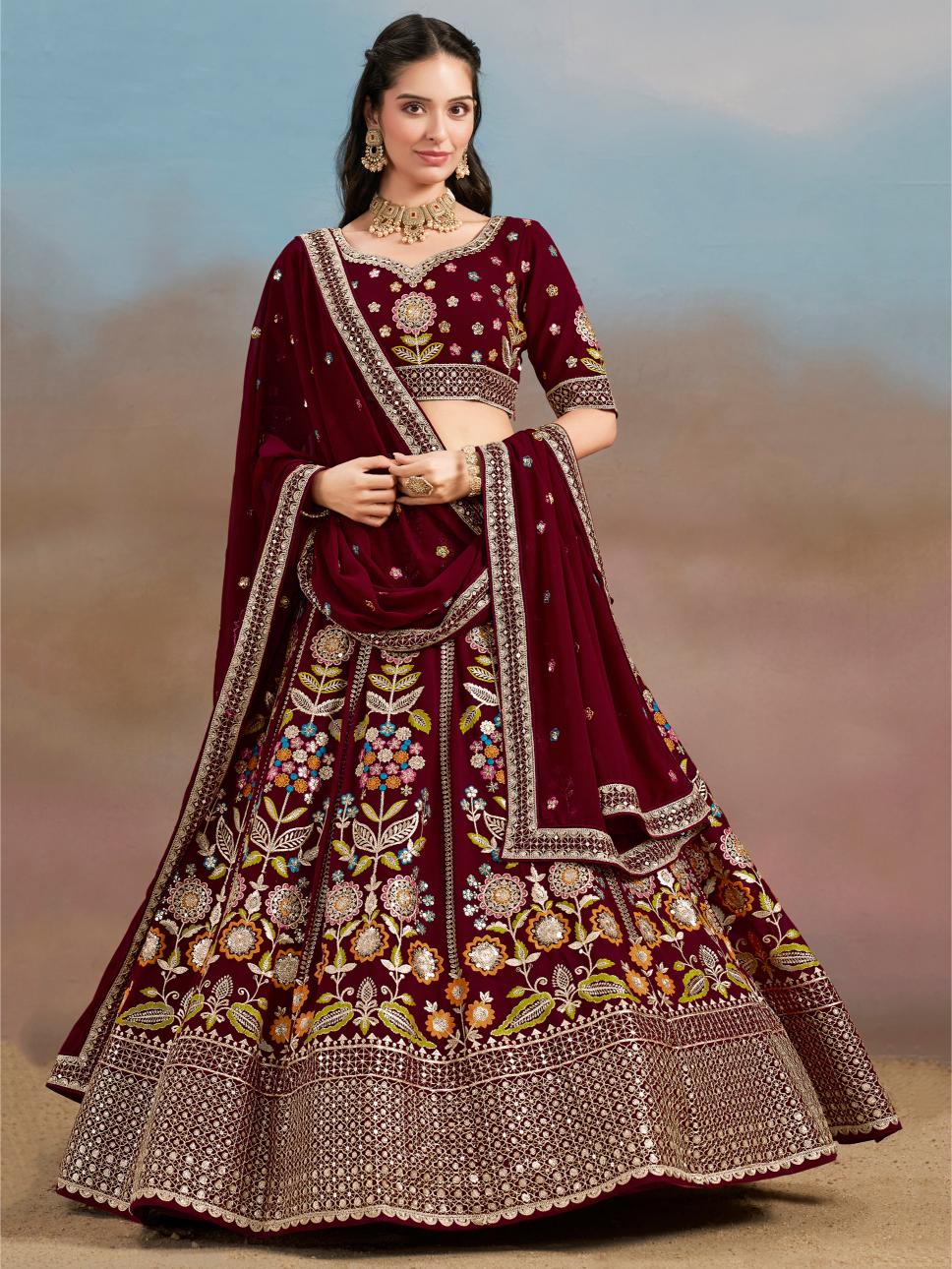 Maroon Georgette Festive Lehenga