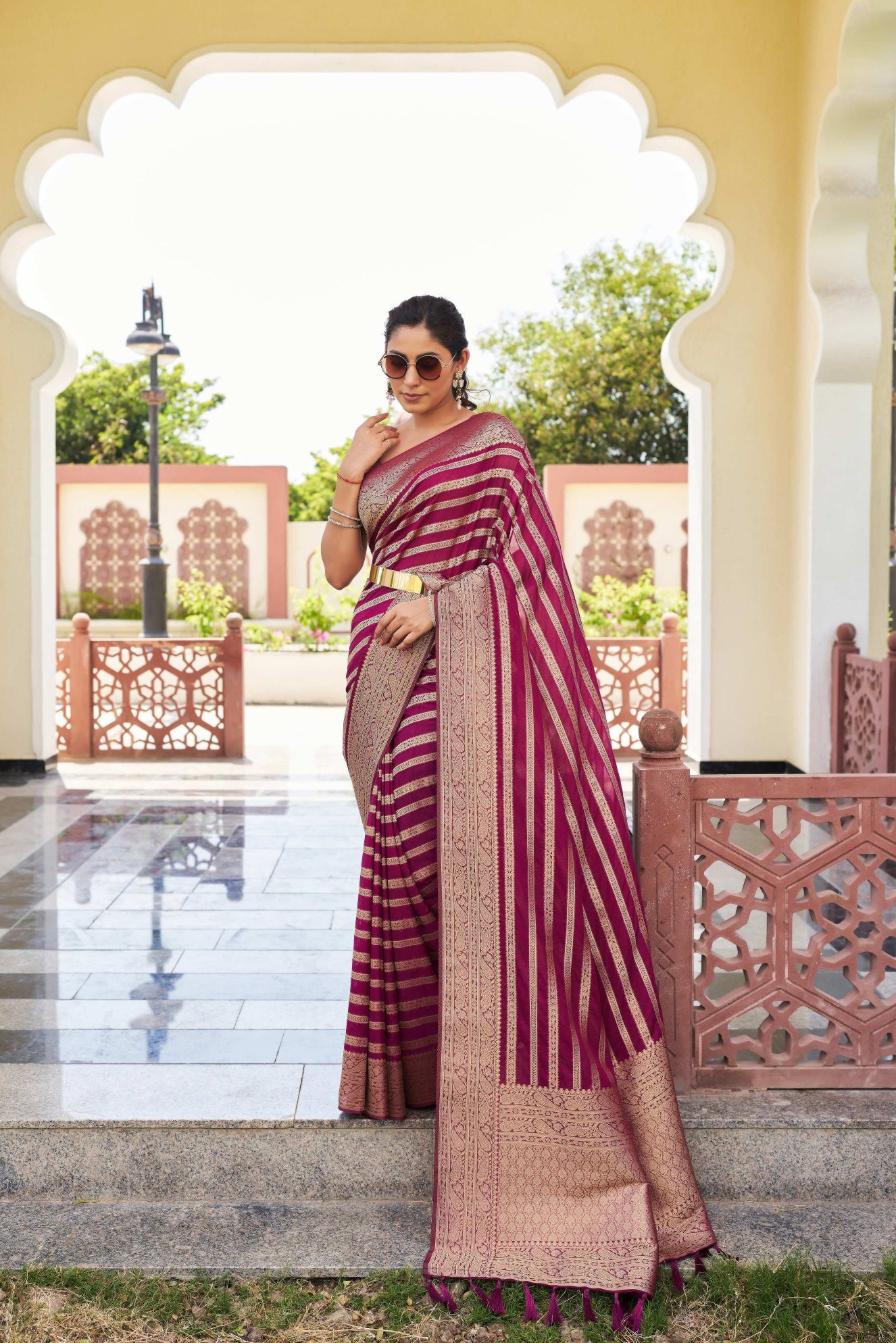 Maroon Georgette Zari Striped Saree