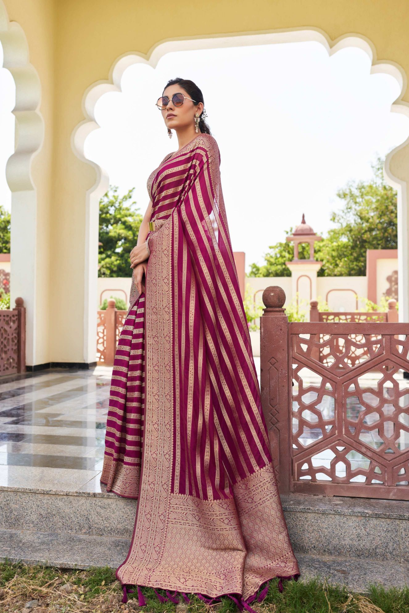 Maroon Georgette Zari Striped Saree — alternate view