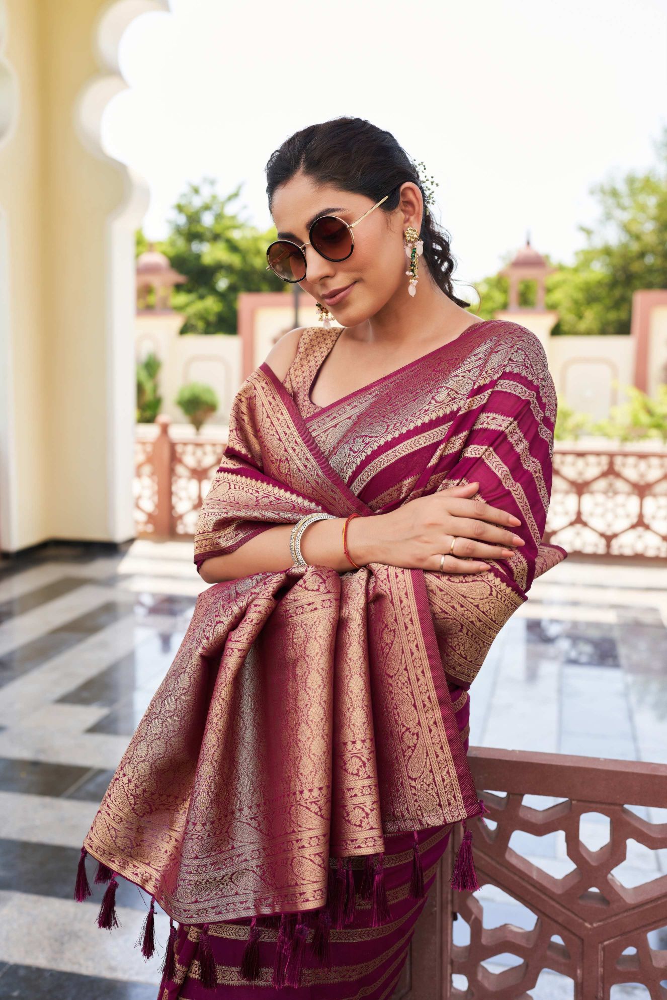 Maroon Georgette Zari Striped Saree
