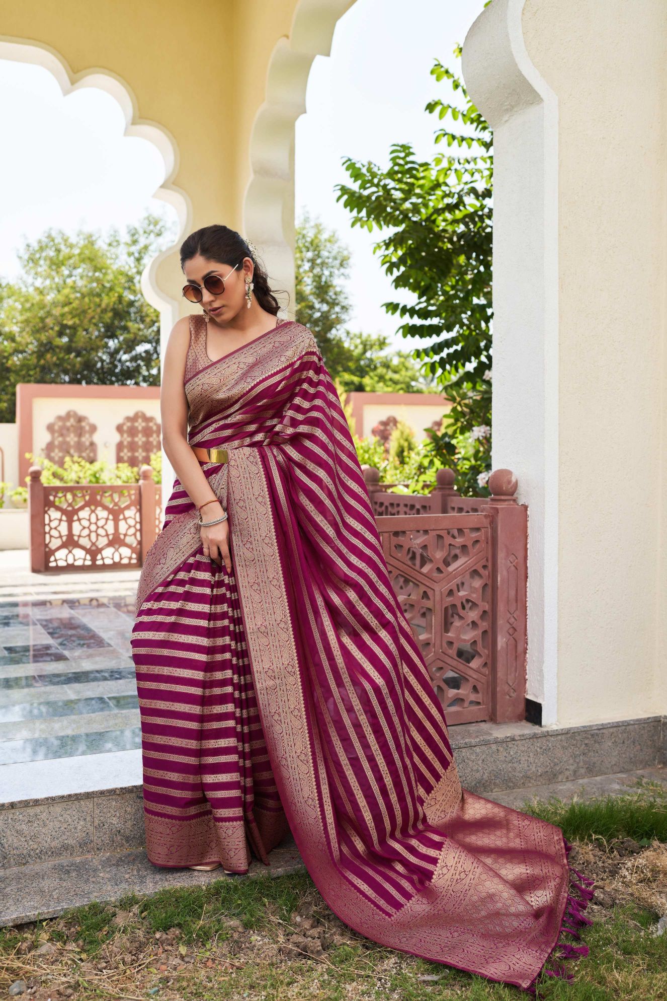 Maroon Georgette Zari Striped Saree