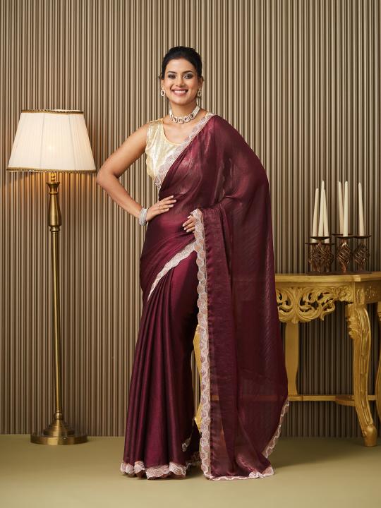 Maroon Gold Chiffon Saree