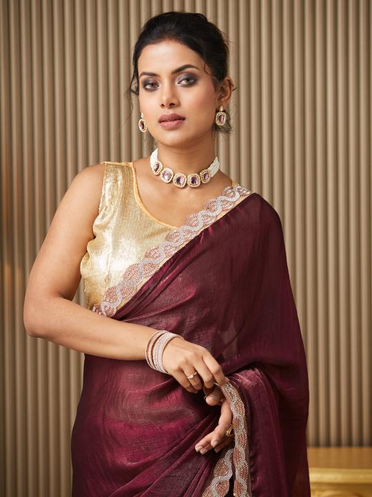Maroon Gold Chiffon Saree