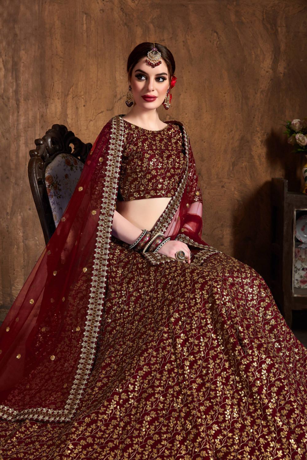 Maroon Gold Raw Silk Lehenga Choli