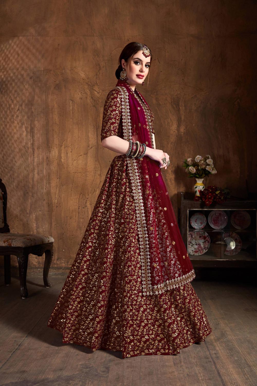 Maroon Gold Raw Silk Lehenga Choli