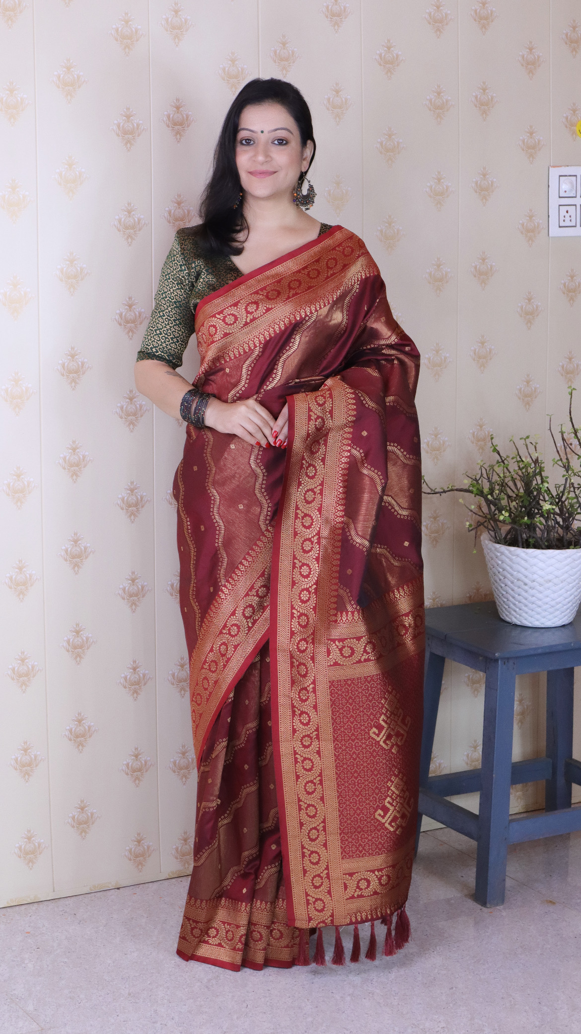 Maroon Green Soft Silk Zari Designer Saree
