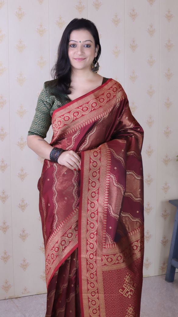 Maroon Green Soft Silk Zari Designer Saree