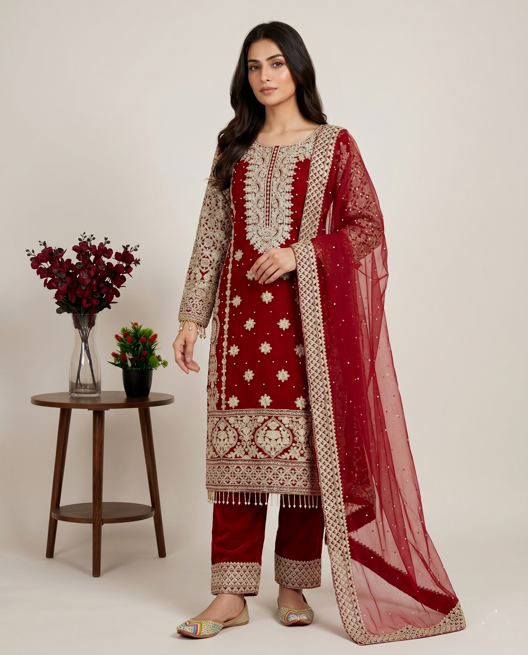 Maroon Heavy Embroidery Sequins Faux Georgette Sharara Suit