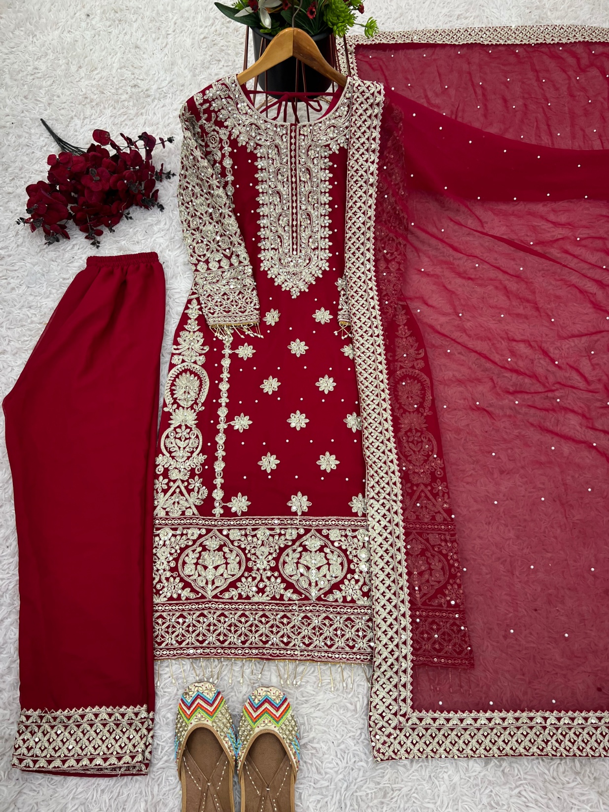 Maroon Heavy Embroidery Sequins Faux Georgette Sharara Suit
