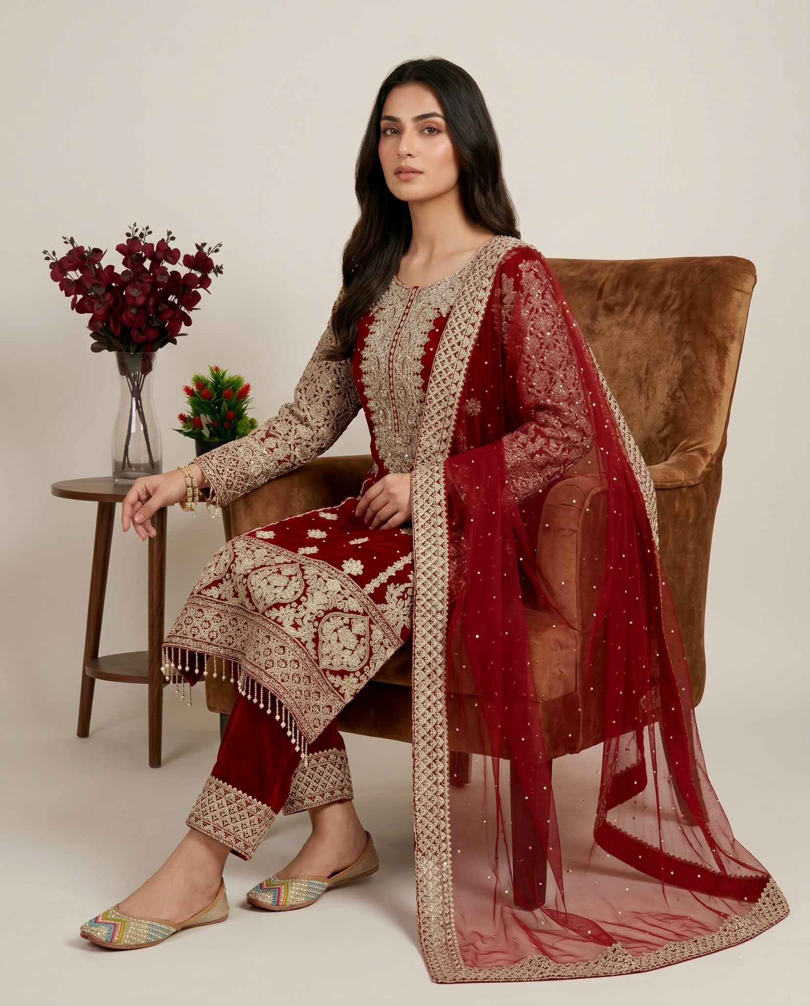 Maroon Heavy Embroidery Sequins Faux Georgette Sharara Suit