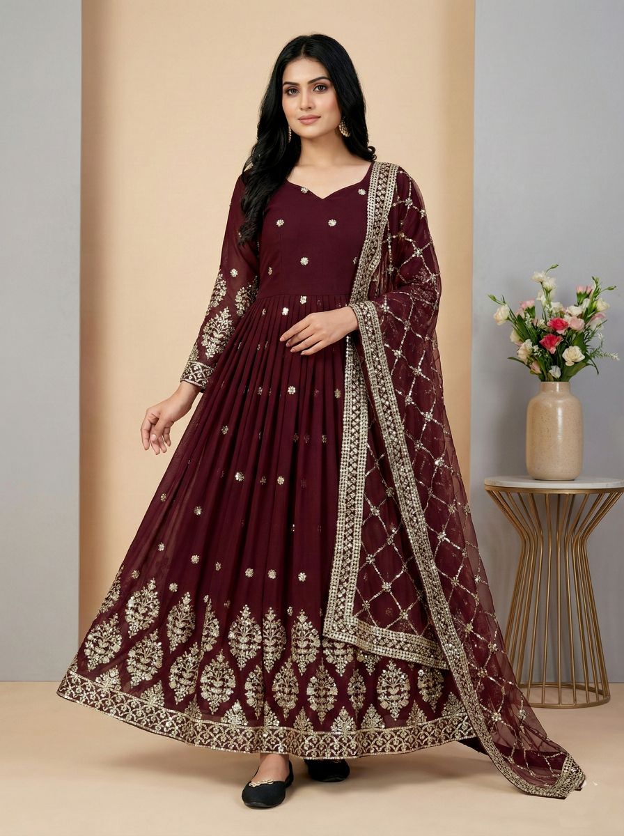 Maroon Heavy Faux Georgette Embroidered Sequence Anarkali Gown