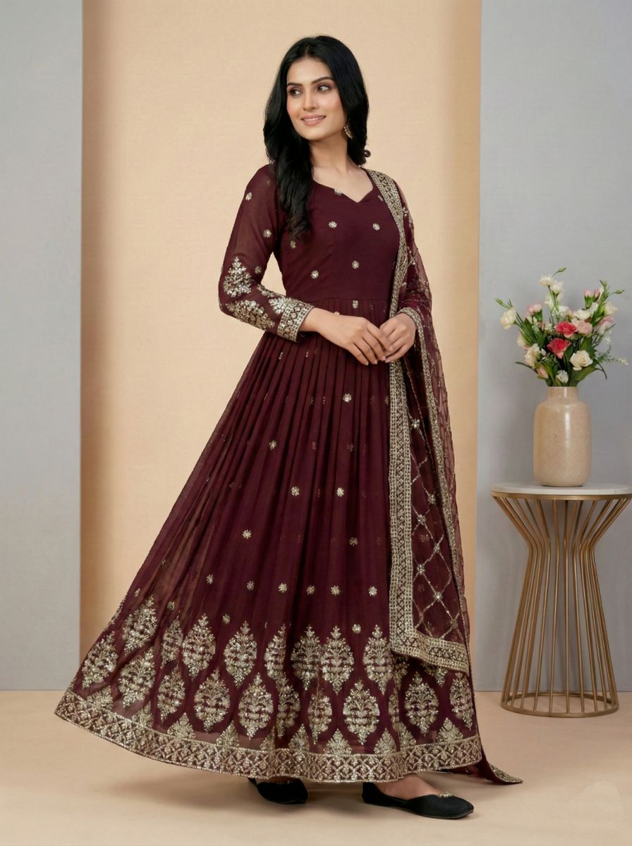 Maroon Heavy Faux Georgette Embroidered Sequence Anarkali Gown — alternate view