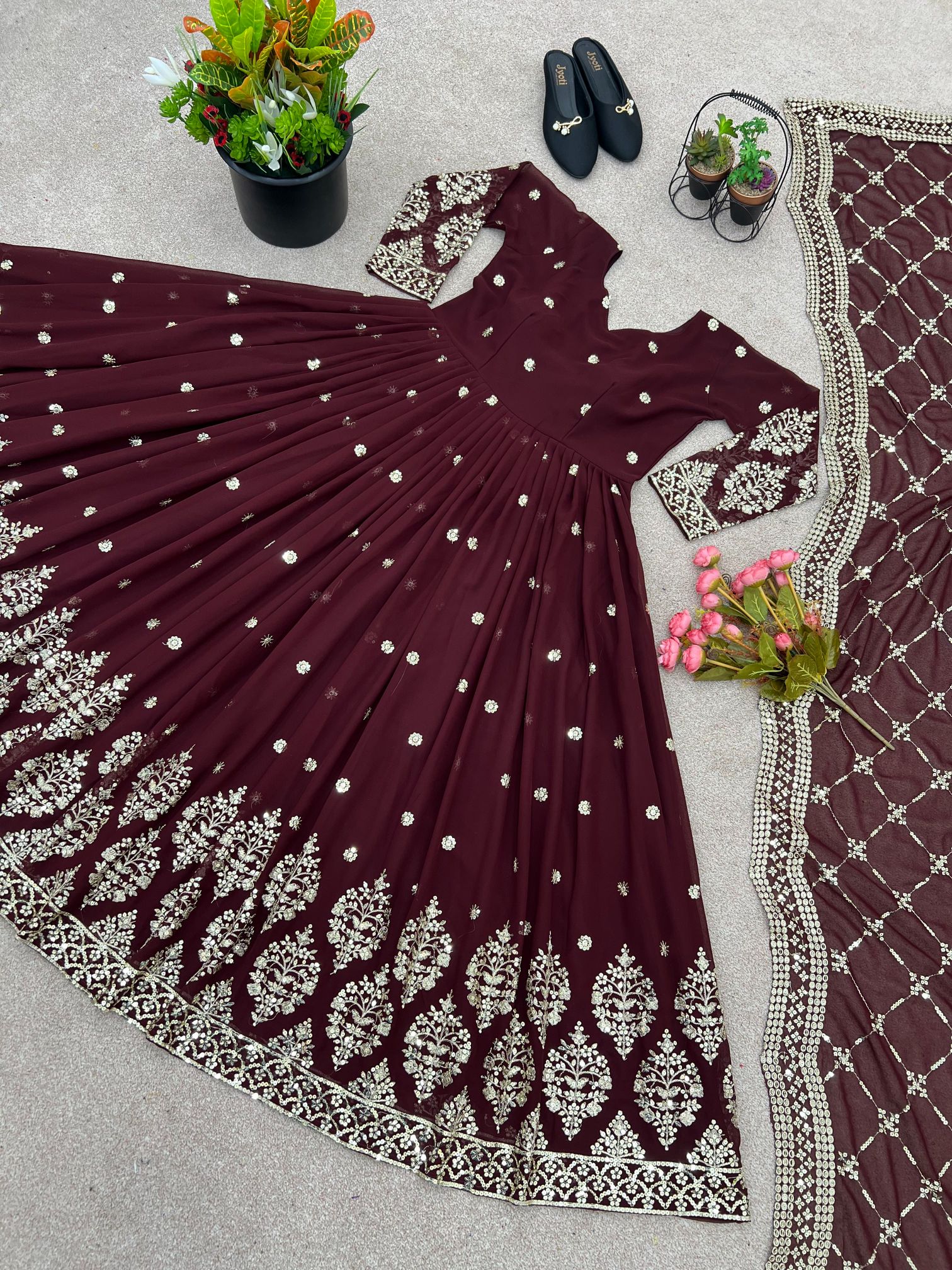 Maroon Heavy Faux Georgette Embroidered Sequence Anarkali Gown