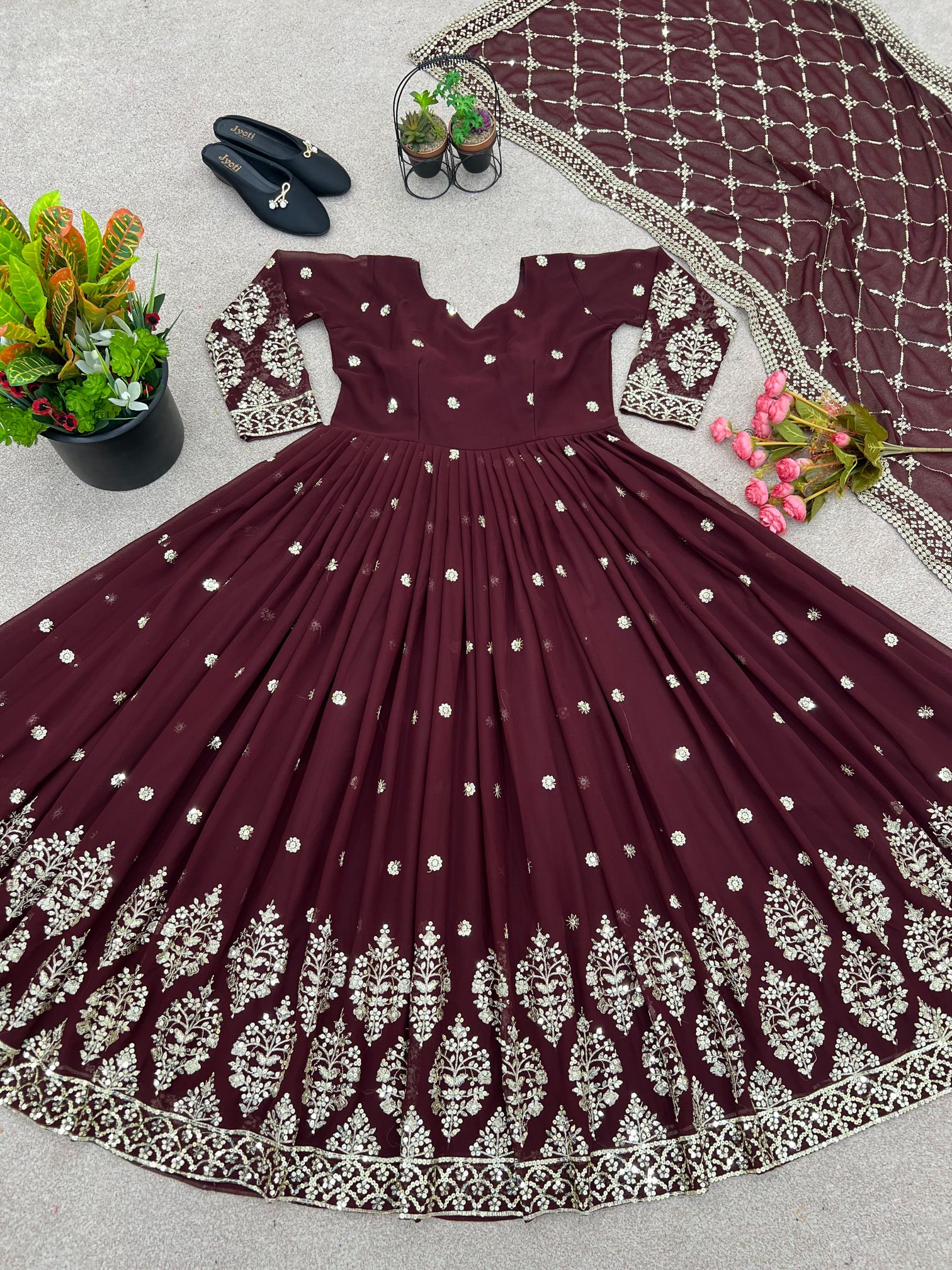 Maroon Heavy Faux Georgette Embroidered Sequence Anarkali Gown