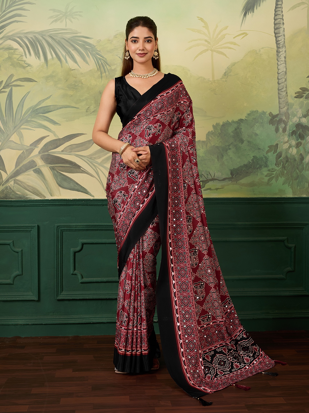 Maroon Heritage Ajrakh Print Chinon Silk Saree
