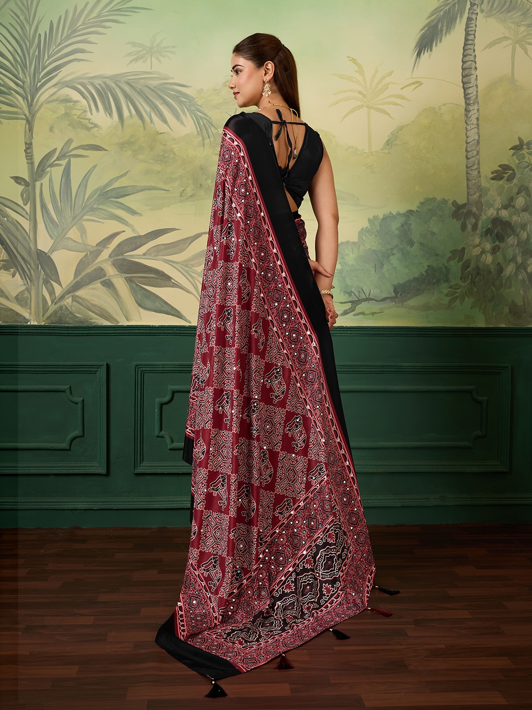 Maroon Heritage Ajrakh Print Chinon Silk Saree — alternate view