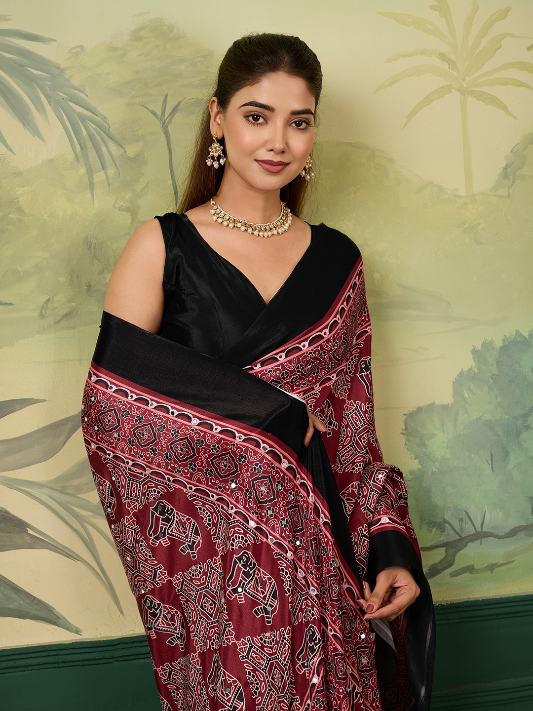 Maroon Heritage Ajrakh Print Chinon Silk Saree