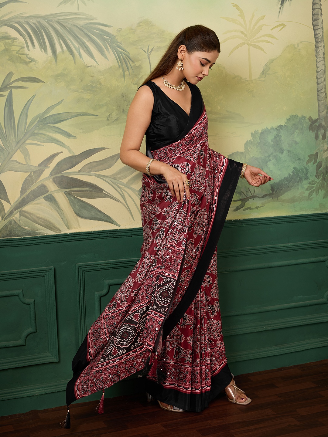Maroon Heritage Ajrakh Print Chinon Silk Saree