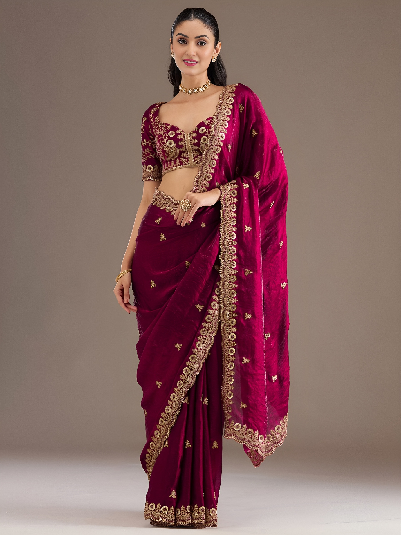 Maroon Heritage Buti Zari Embroidery Tissue Saree