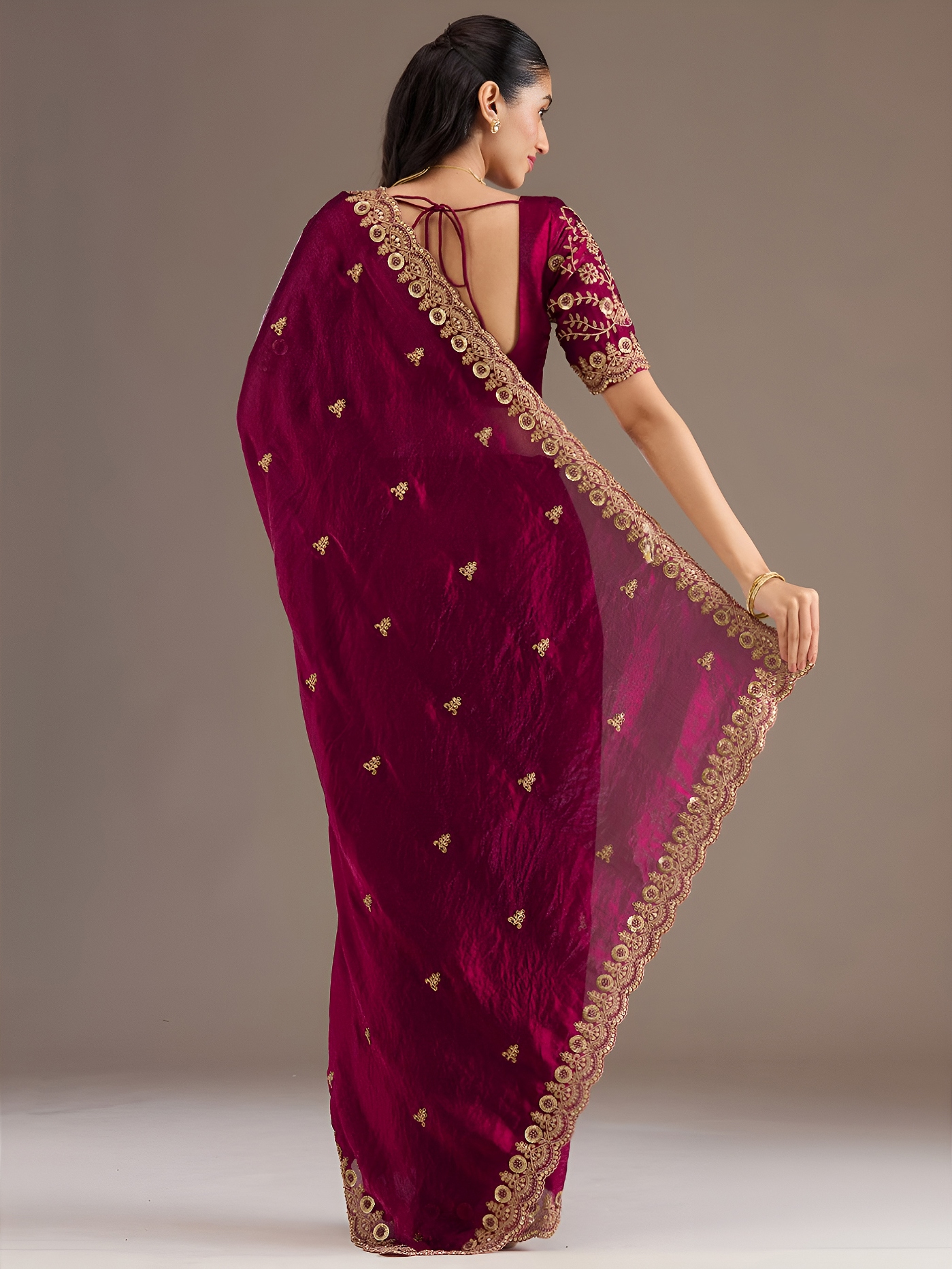 Maroon Heritage Buti Zari Embroidery Tissue Saree — alternate view