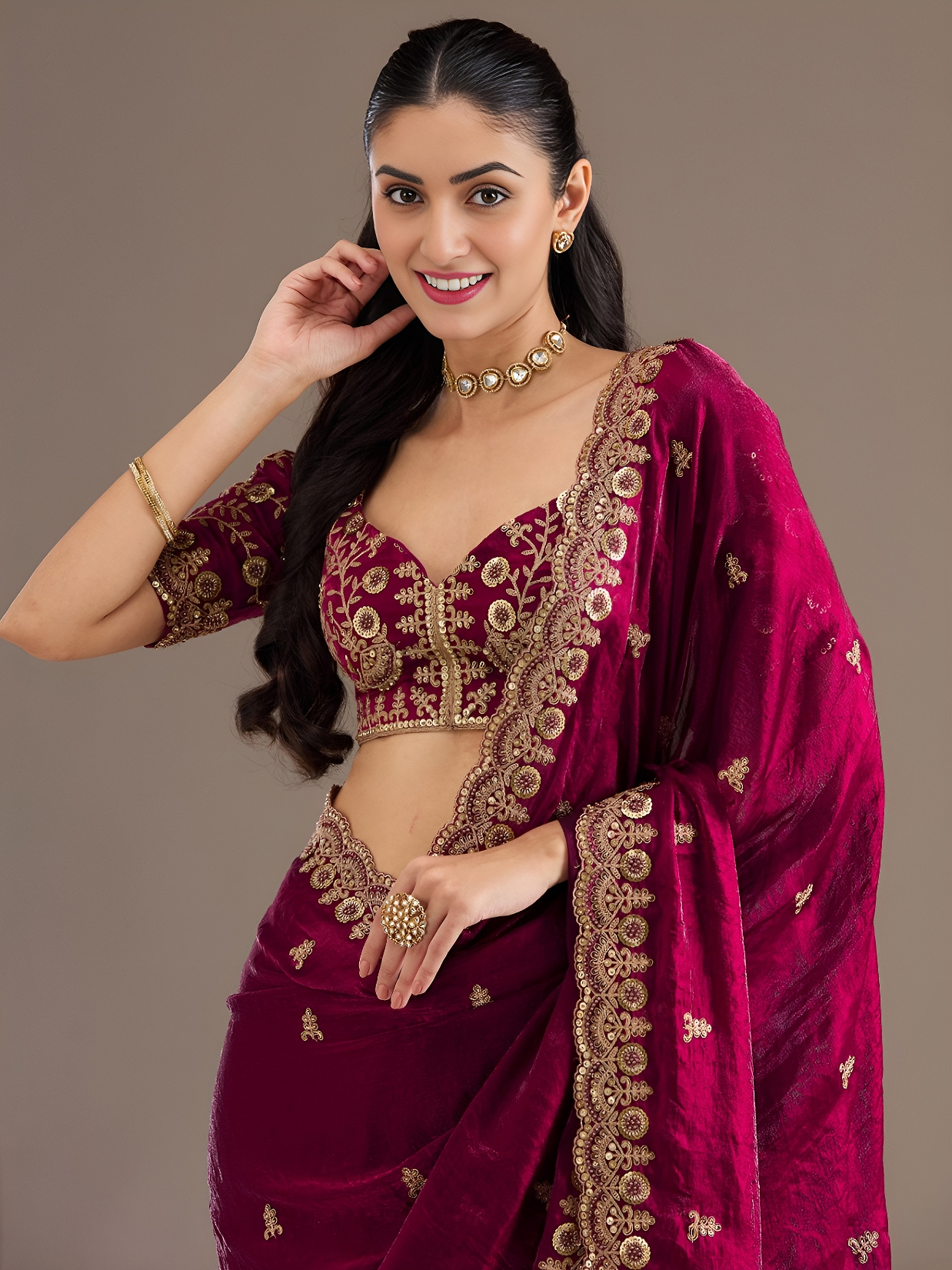 Maroon Heritage Buti Zari Embroidery Tissue Saree