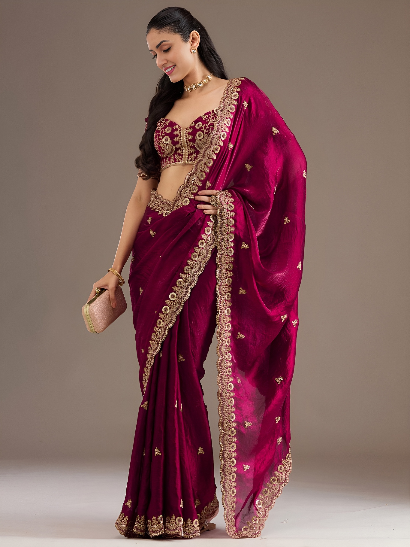 Maroon Heritage Buti Zari Embroidery Tissue Saree