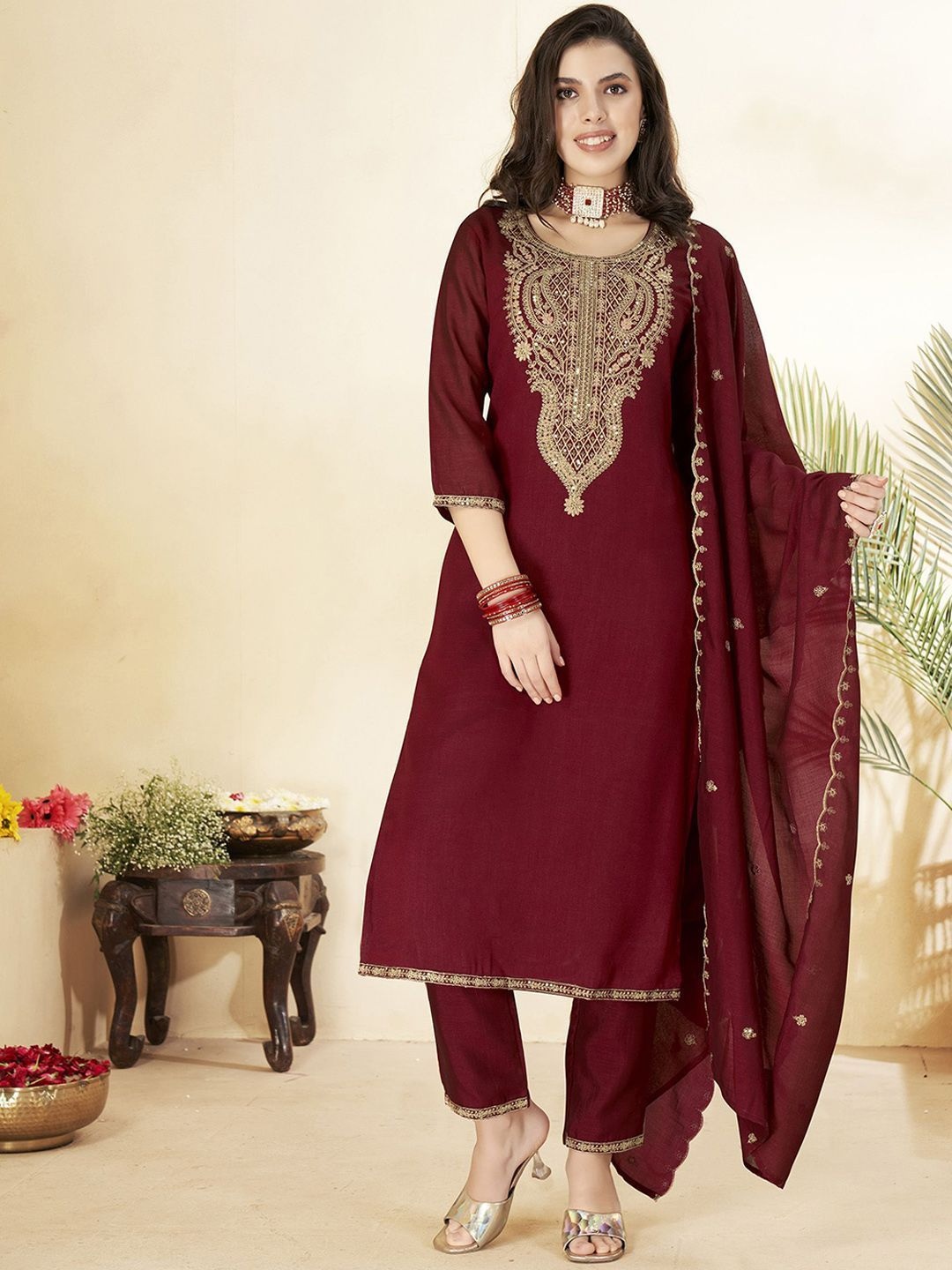 Maroon Heritage Embroidered Vichitra Silk Salwar Suit